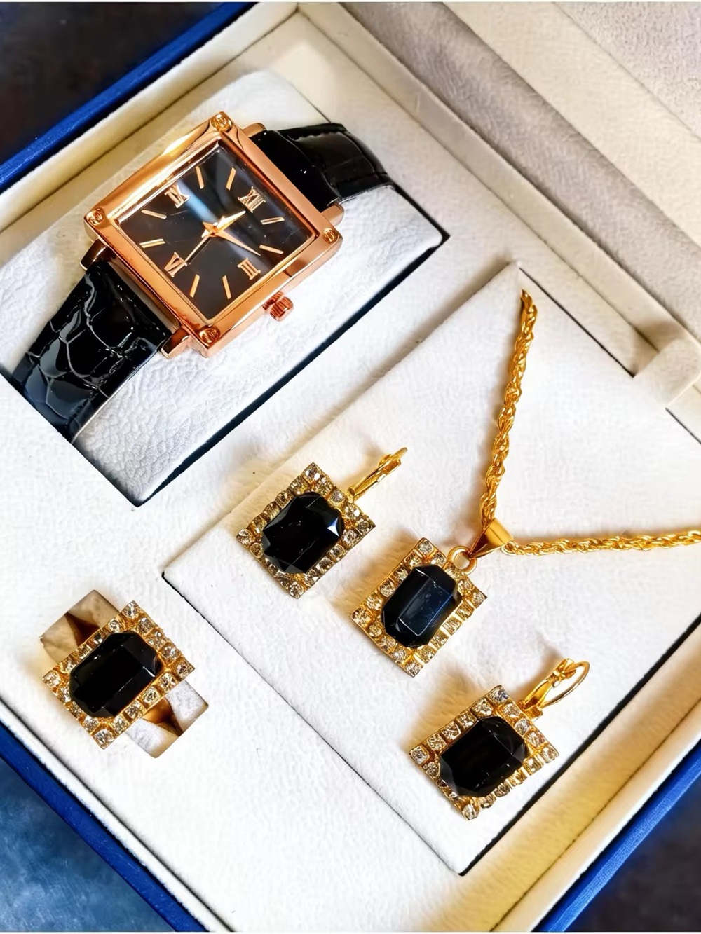 Elegant Black and Gold Watch & Jewelry Set - Women